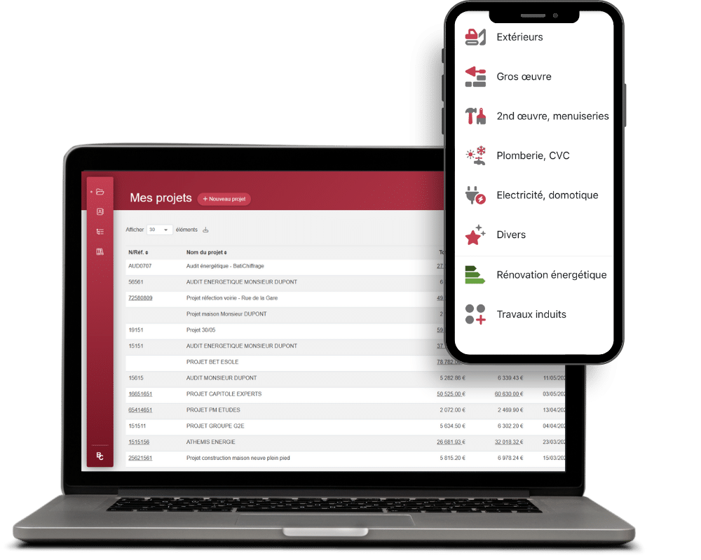 Interface BatiChiffrage affichée sur ordinateur portable et smartphone